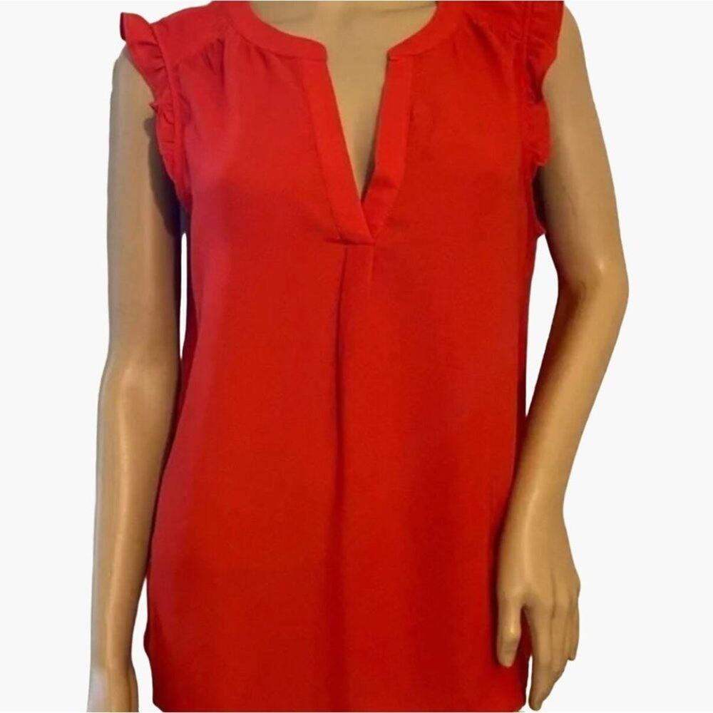 Rose+ Olive Red Women's size Medium blouse Top Ruffle Sleeve Split Neck Mandarin